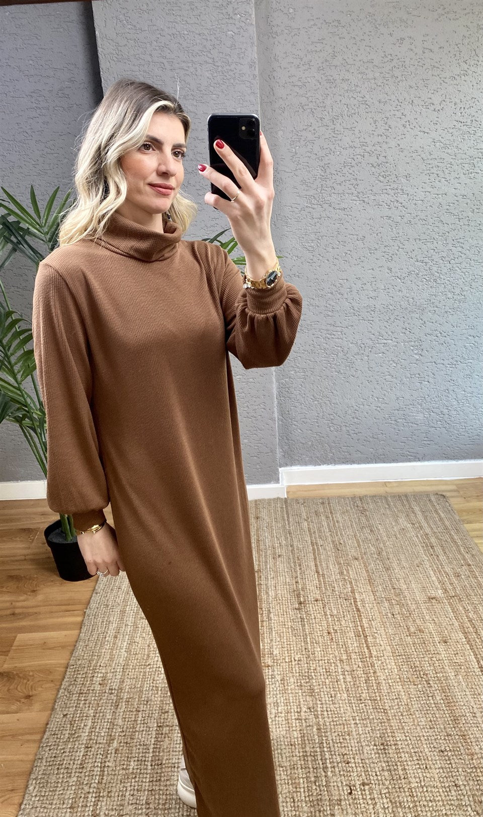 KAHVE BALIKÇI YAKA FİTİLLİ UZUN ELBİSE