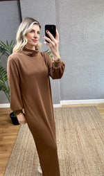 KAHVE BALIKÇI YAKA FİTİLLİ UZUN ELBİSE