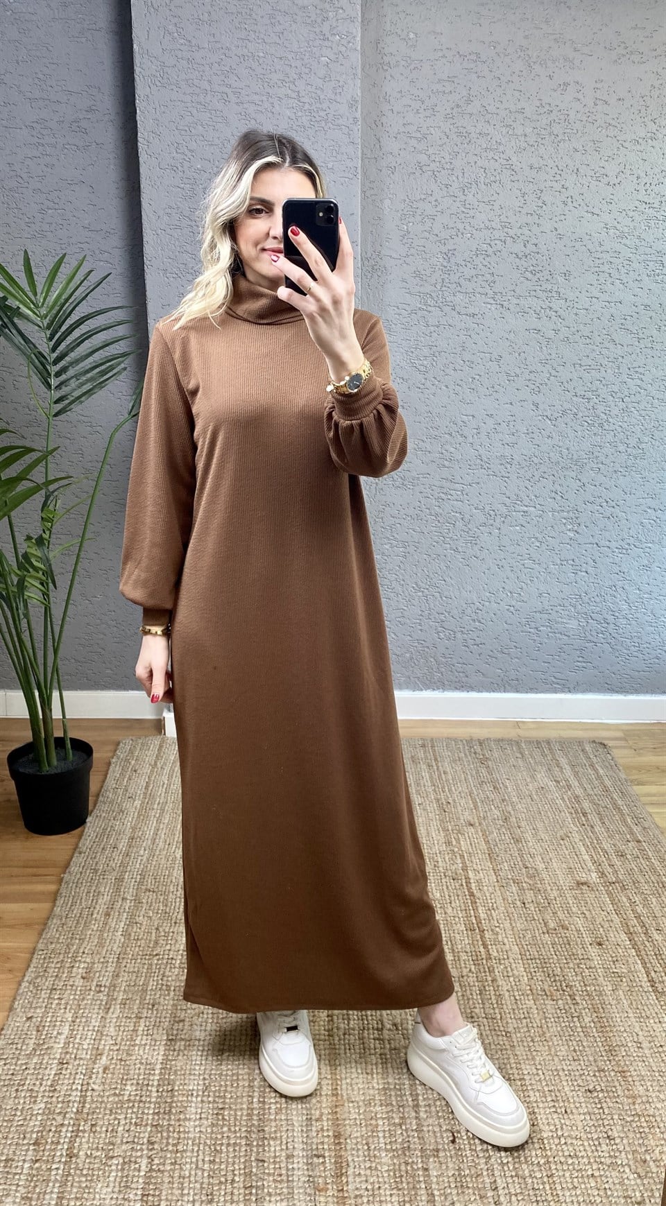 KAHVE BALIKÇI YAKA FİTİLLİ UZUN ELBİSE