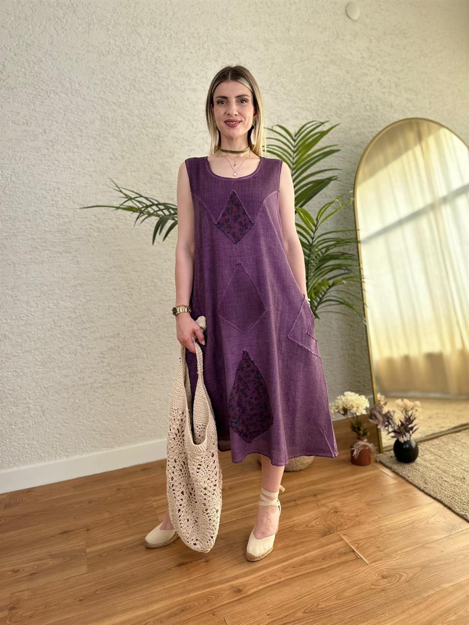 KALIN ASKILI YIKAMALI PAMUK KETEN ELBİSE MOR