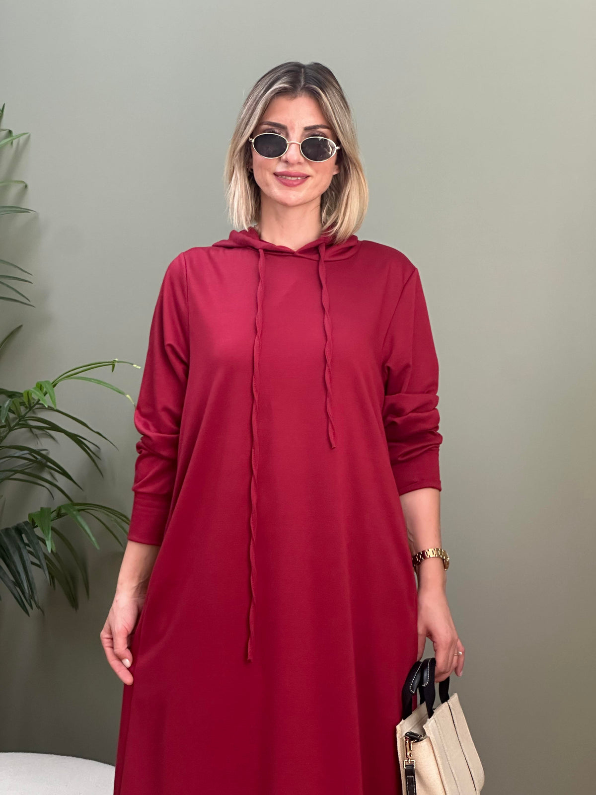 KAPUŞONLU ARMALI SPOR SWEAT ELBİSE BORDO