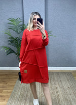 KIRMIZI OVERSİZE GEOMETRİK  DİKİŞ DETAYLI SWEAT TUNİK