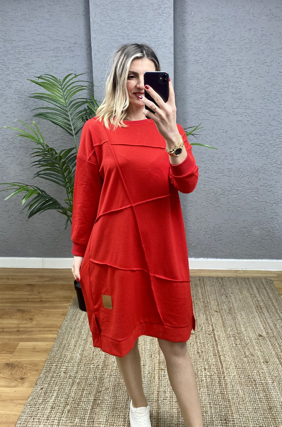 KIRMIZI OVERSİZE GEOMETRİK  DİKİŞ DETAYLI SWEAT TUNİK