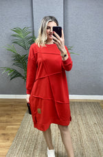 KIRMIZI OVERSİZE GEOMETRİK  DİKİŞ DETAYLI SWEAT TUNİK