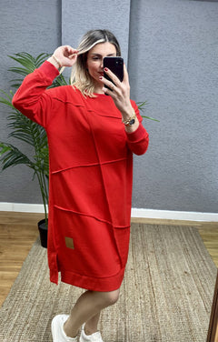 KIRMIZI OVERSİZE GEOMETRİK  DİKİŞ DETAYLI SWEAT TUNİK