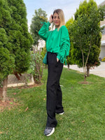 KOL BÜZGÜ DETAYLI YEŞİL SWEAT