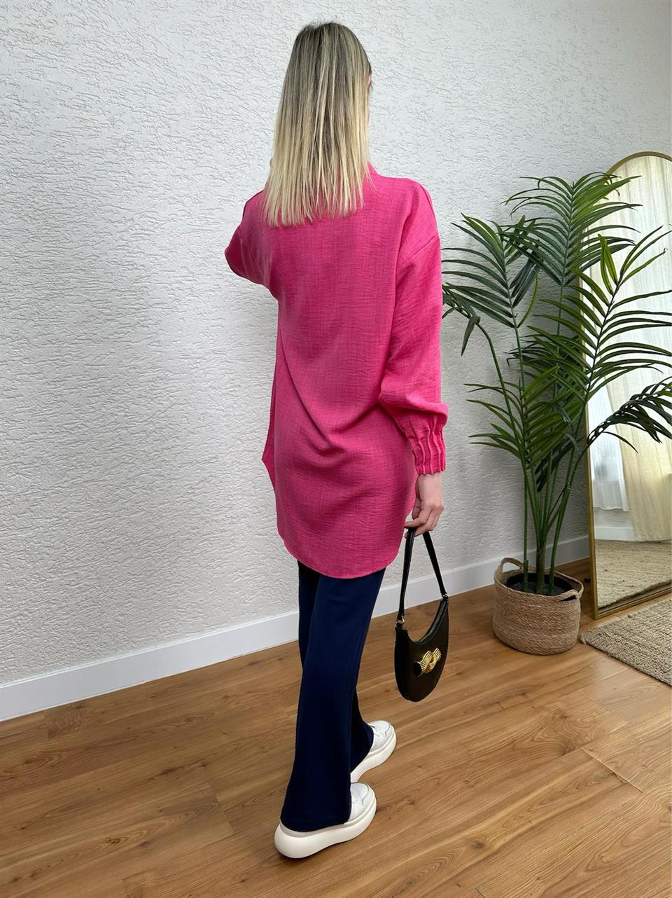 KOL PENSLİ KETEN GÖMLEK TUNİK PEMBE