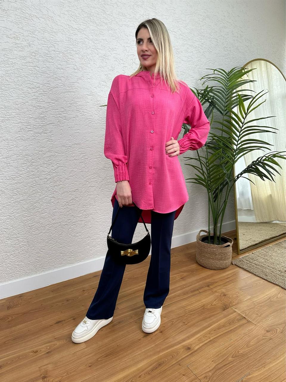 KOL PENSLİ KETEN GÖMLEK TUNİK PEMBE