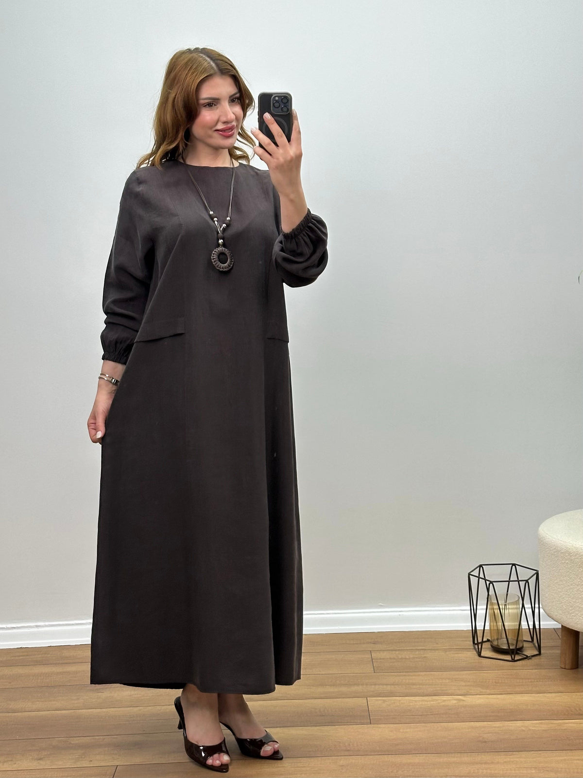 KOLYELİ ALLERLİ ELBİSE ACI KAHVE