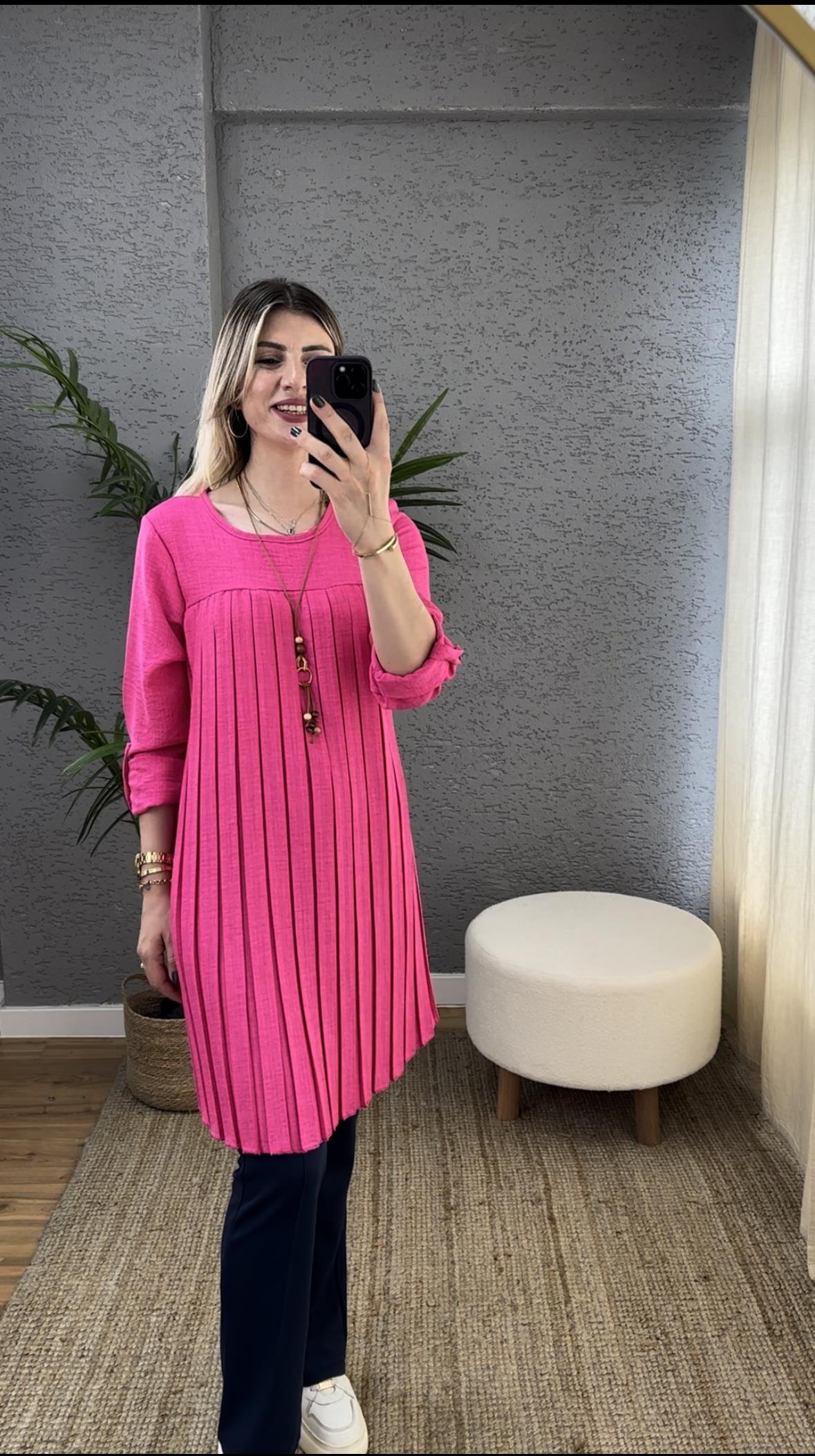 KOLYELİ PİLİSELİ TUNİK AEROBİN KUMAŞ PEMBE