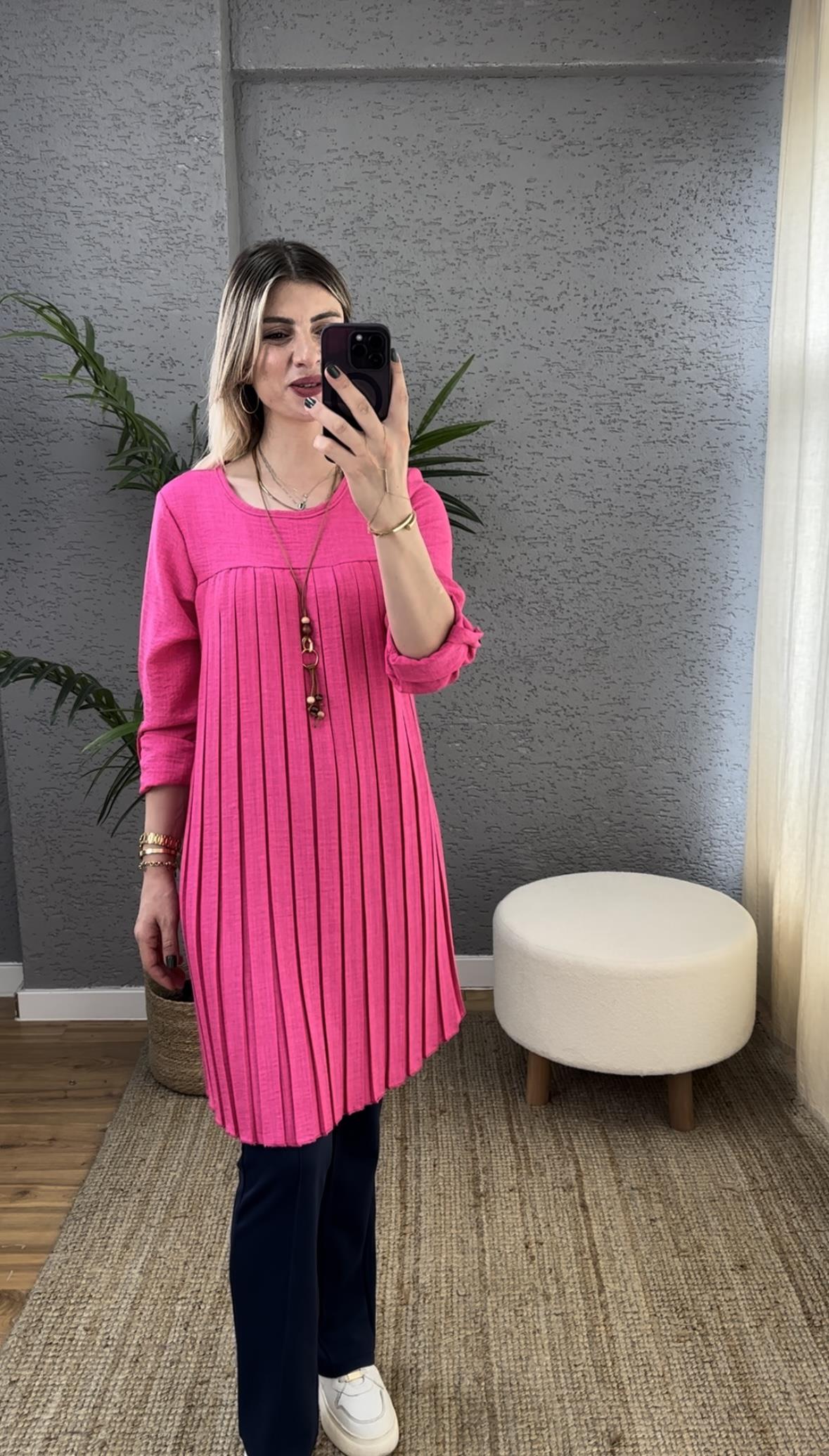 KOLYELİ PİLİSELİ TUNİK AEROBİN KUMAŞ PEMBE