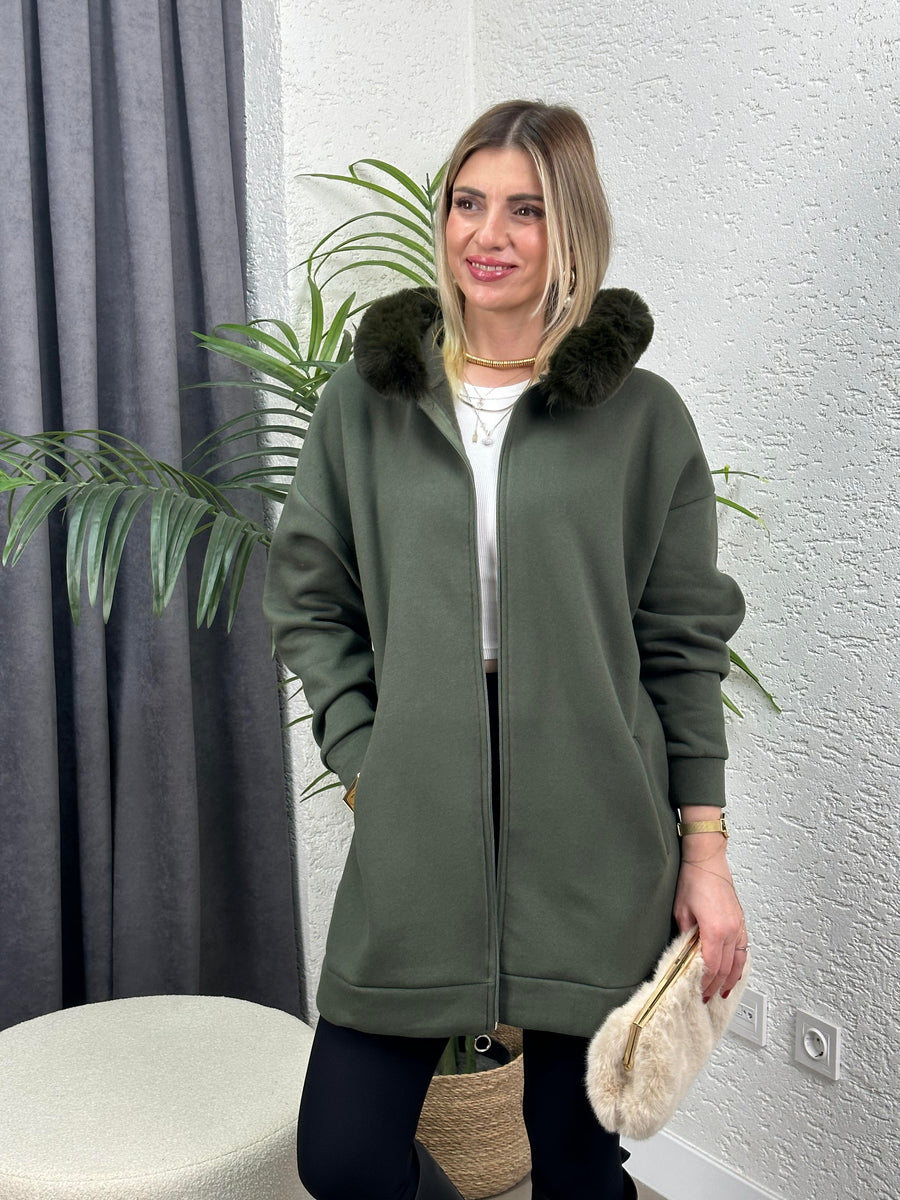 KÜRK DETAYLI ÜÇ İPLİK SWATSHİRT HAKİ