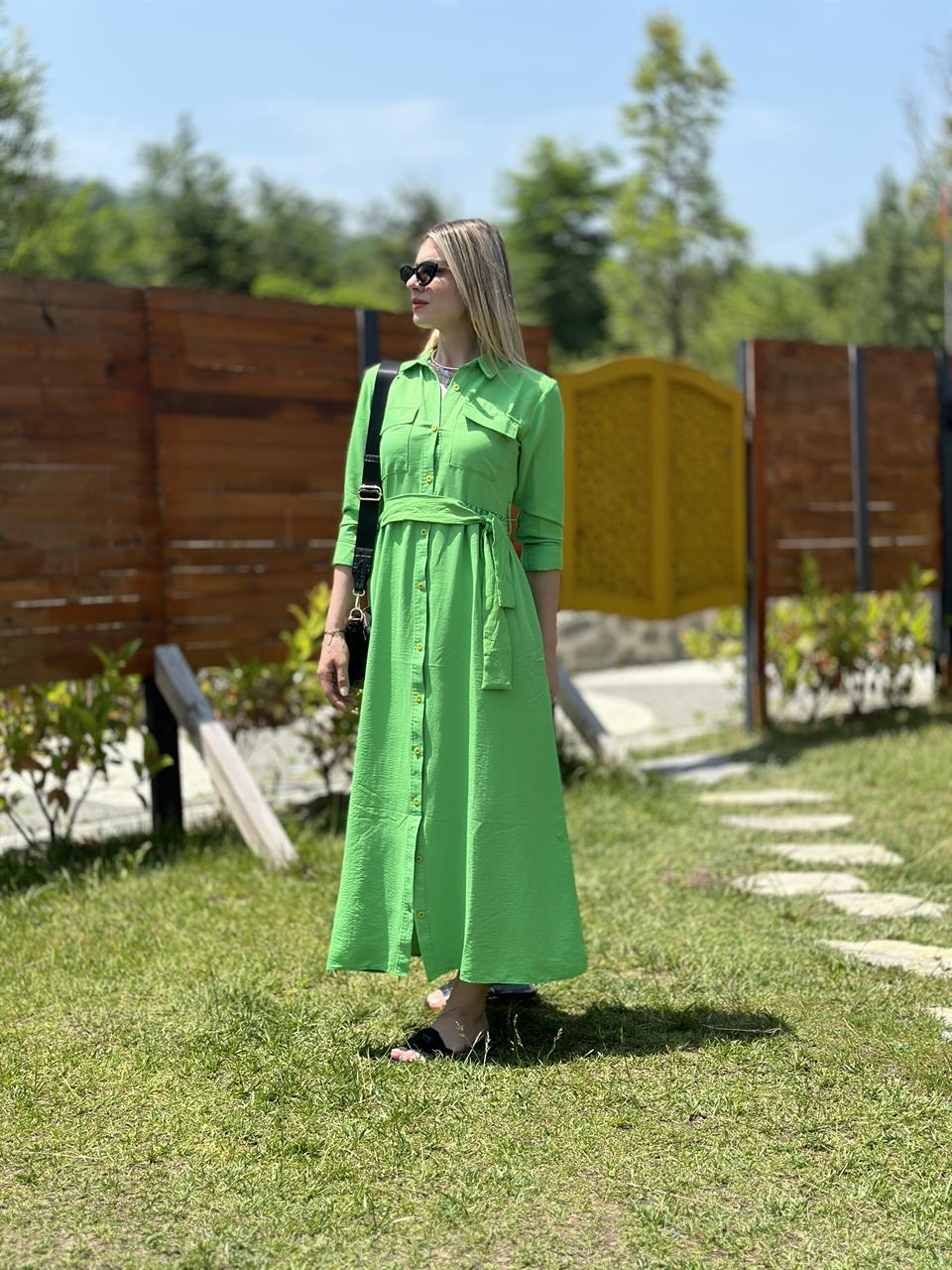 KUŞAK BAĞLAMALI CEPLİ GÖMLEK ELBİSE YEŞİL
