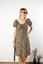 LEOPAR DESENLİ GİPELİ DRAPELİ ELBİSE