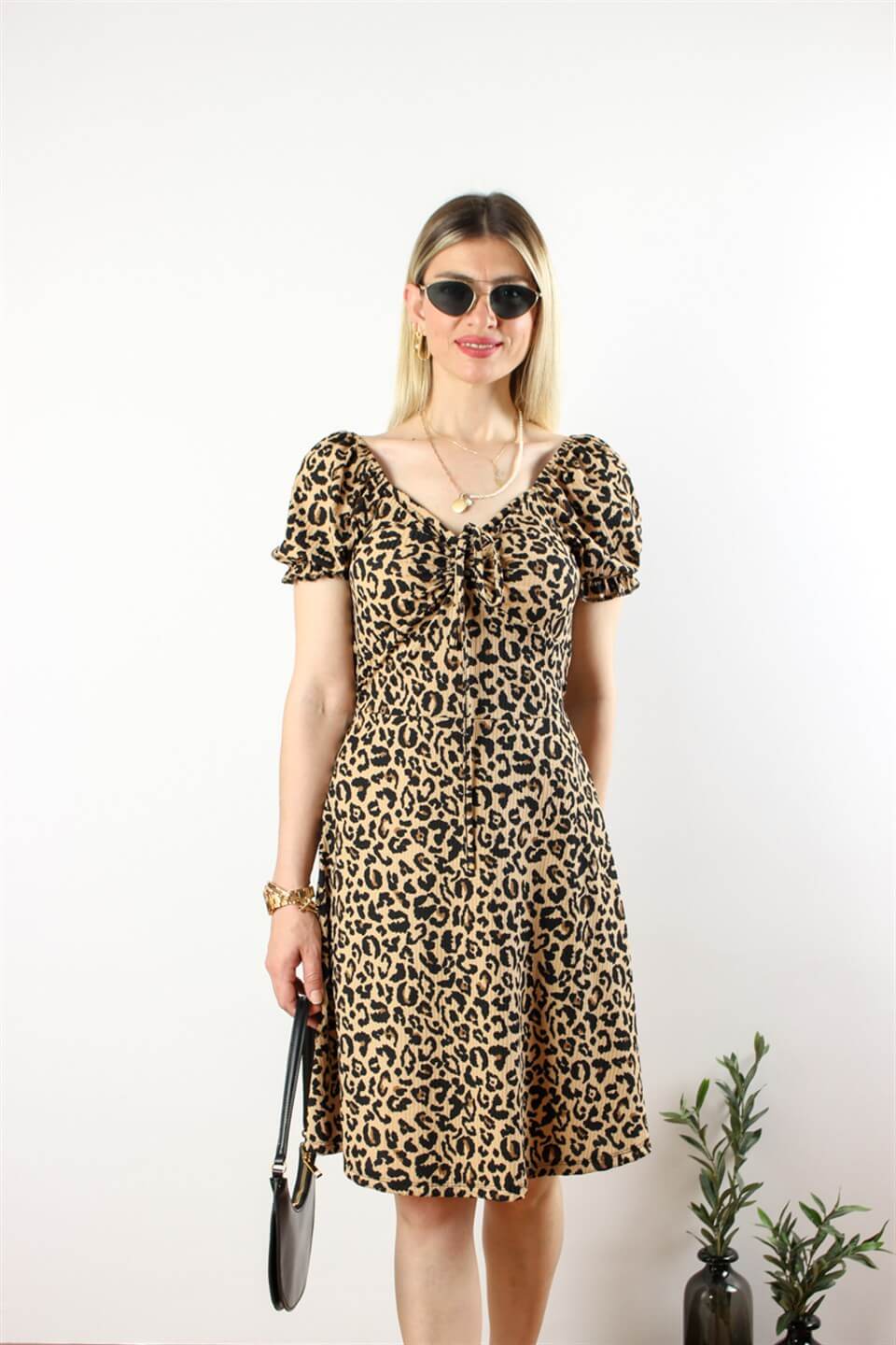LEOPAR DESENLİ GİPELİ DRAPELİ ELBİSE
