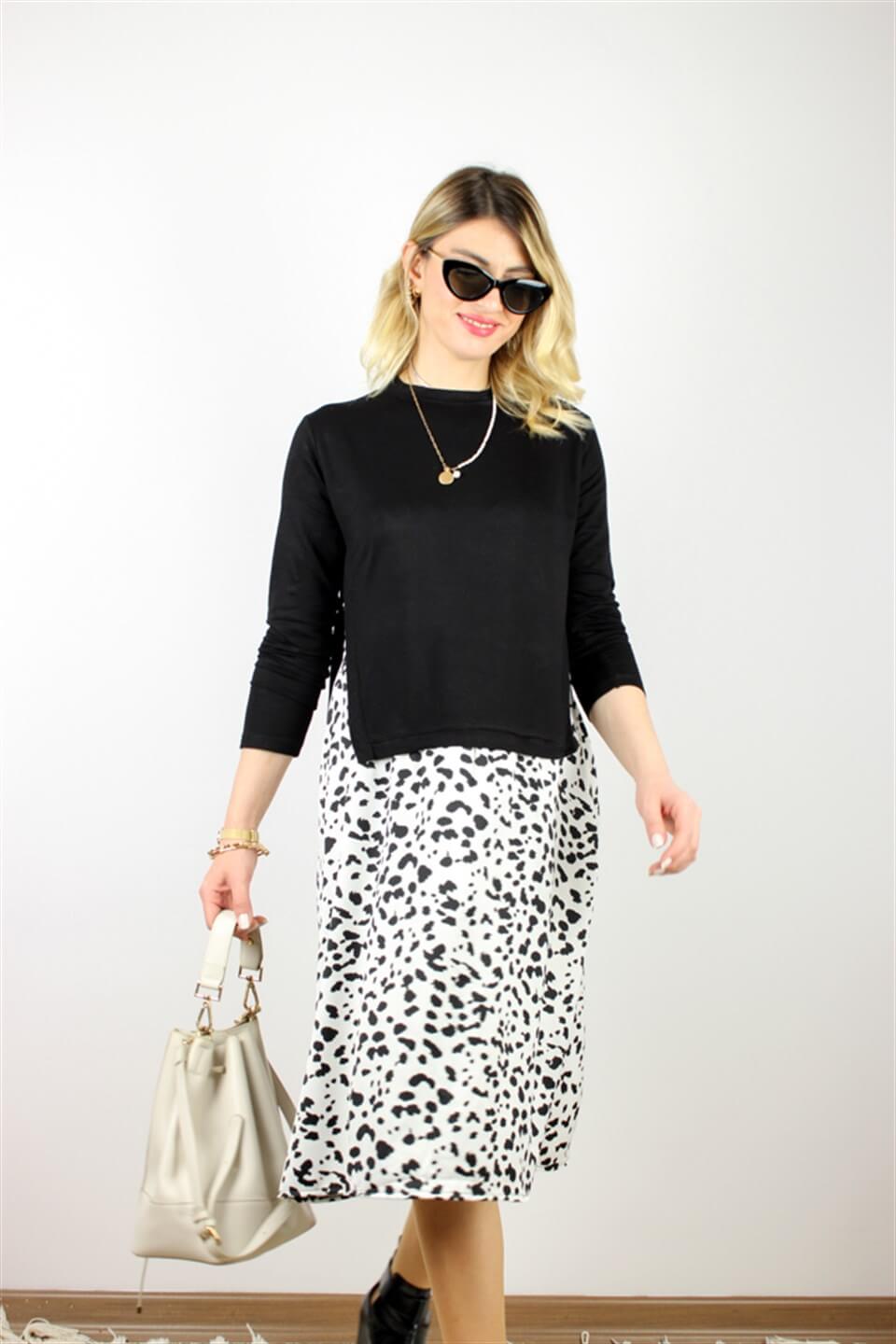 LEOPAR DESENLİ UZUN ELBİSE