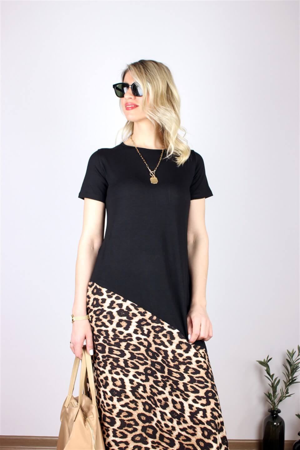 LEOPAR DETAYLI UZUN SİYAH ELBİSE