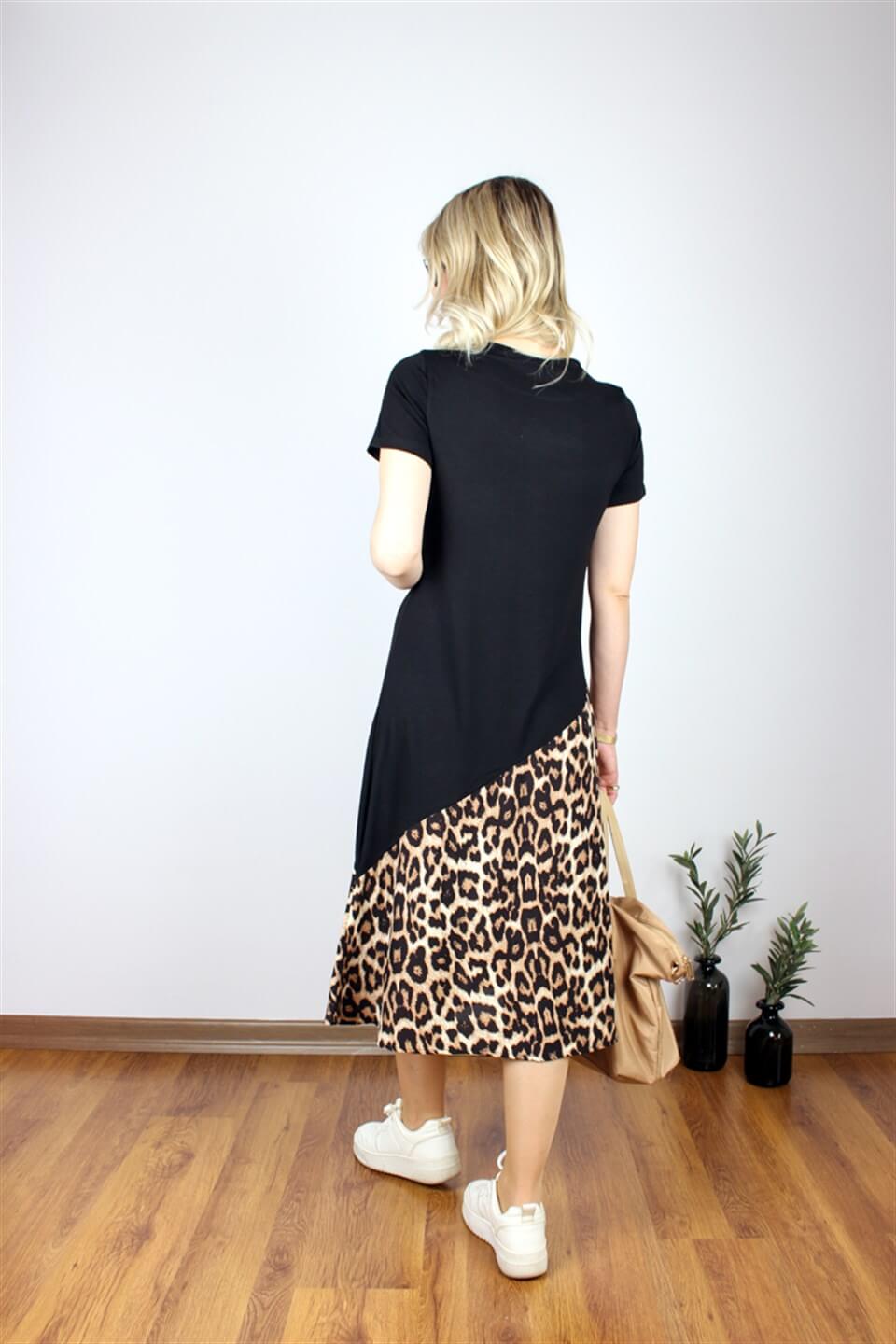 LEOPAR DETAYLI UZUN SİYAH ELBİSE