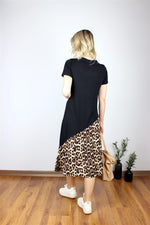 LEOPAR DETAYLI UZUN SİYAH ELBİSE