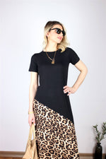 LEOPAR DETAYLI UZUN SİYAH ELBİSE