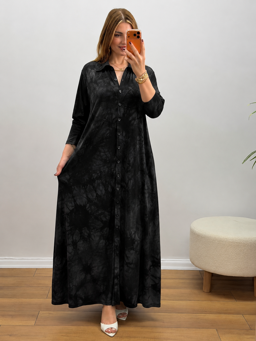 Luna A Kesim Düğmeli %100 Pamuk Penye Elbise Batik Siyah