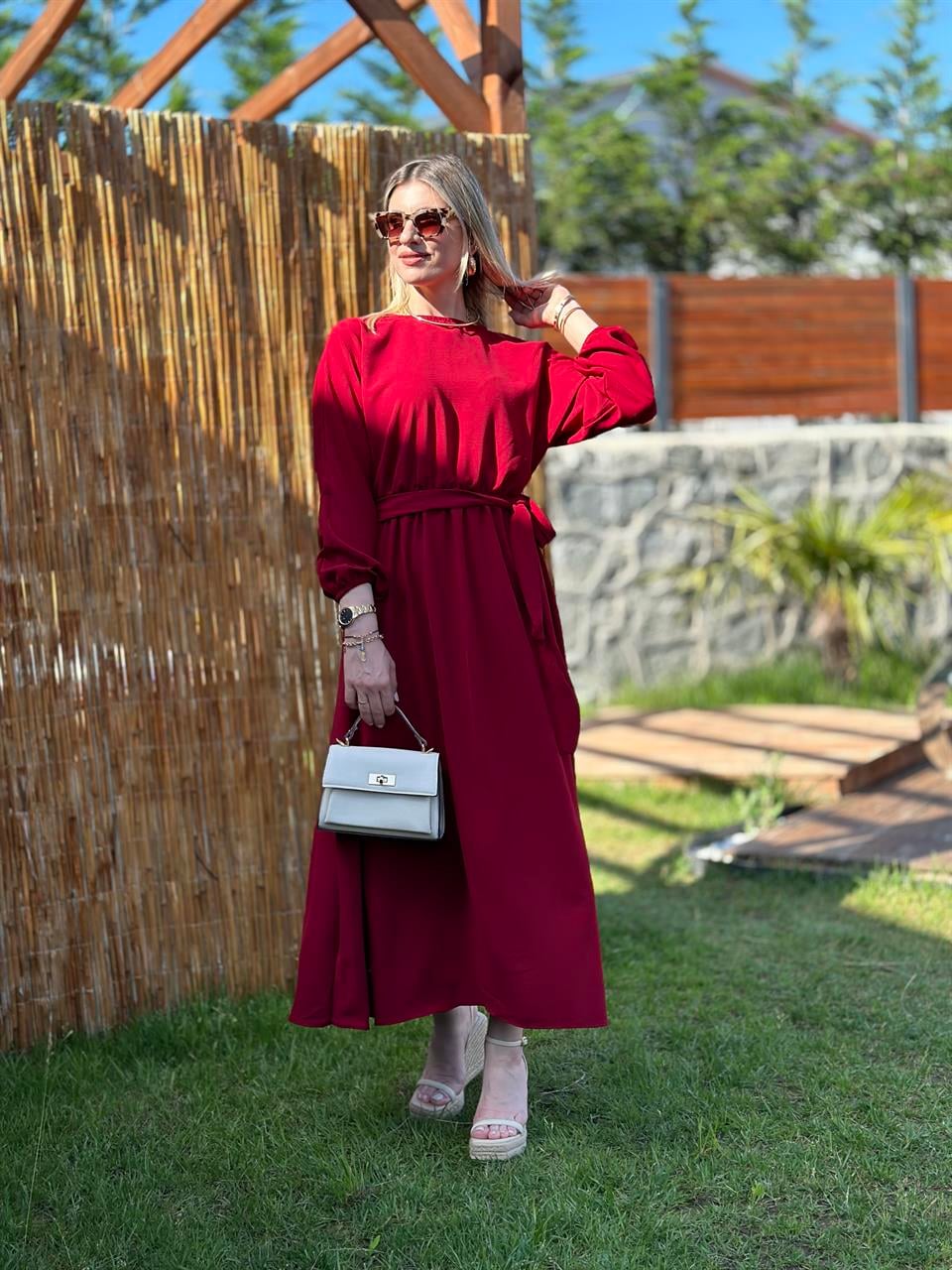MEVLANA MODEL KUŞAKLI ELBİSE BORDO