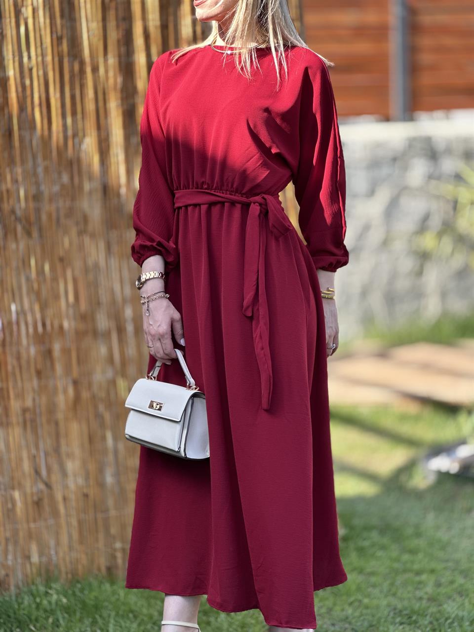 MEVLANA MODEL KUŞAKLI ELBİSE BORDO