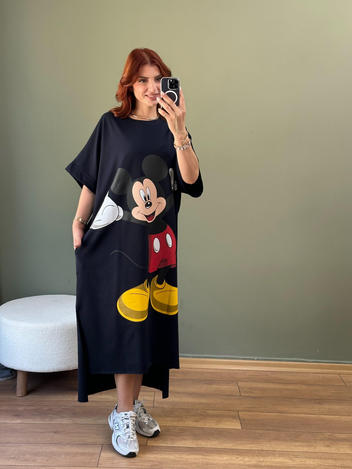 MICKEY BASKILI PAMUK PENYE ELBİSE LACİVERT