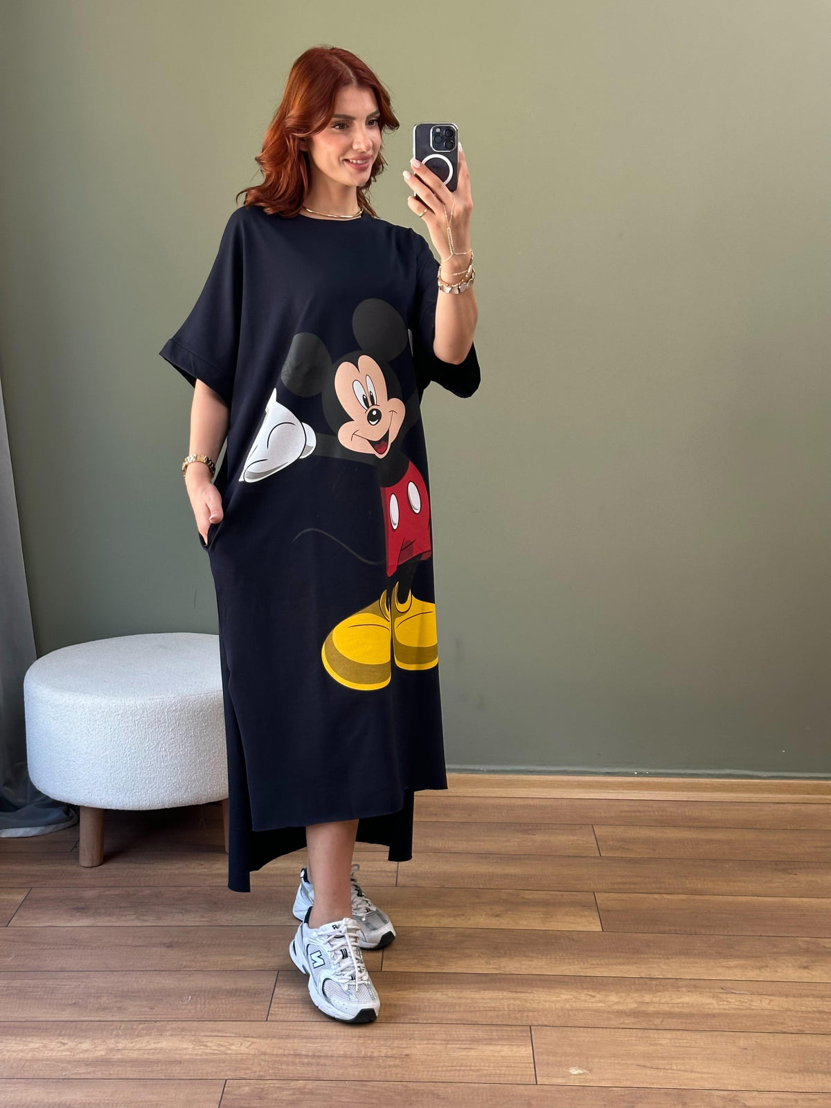 MICKEY BASKILI PAMUK PENYE ELBİSE LACİVERT