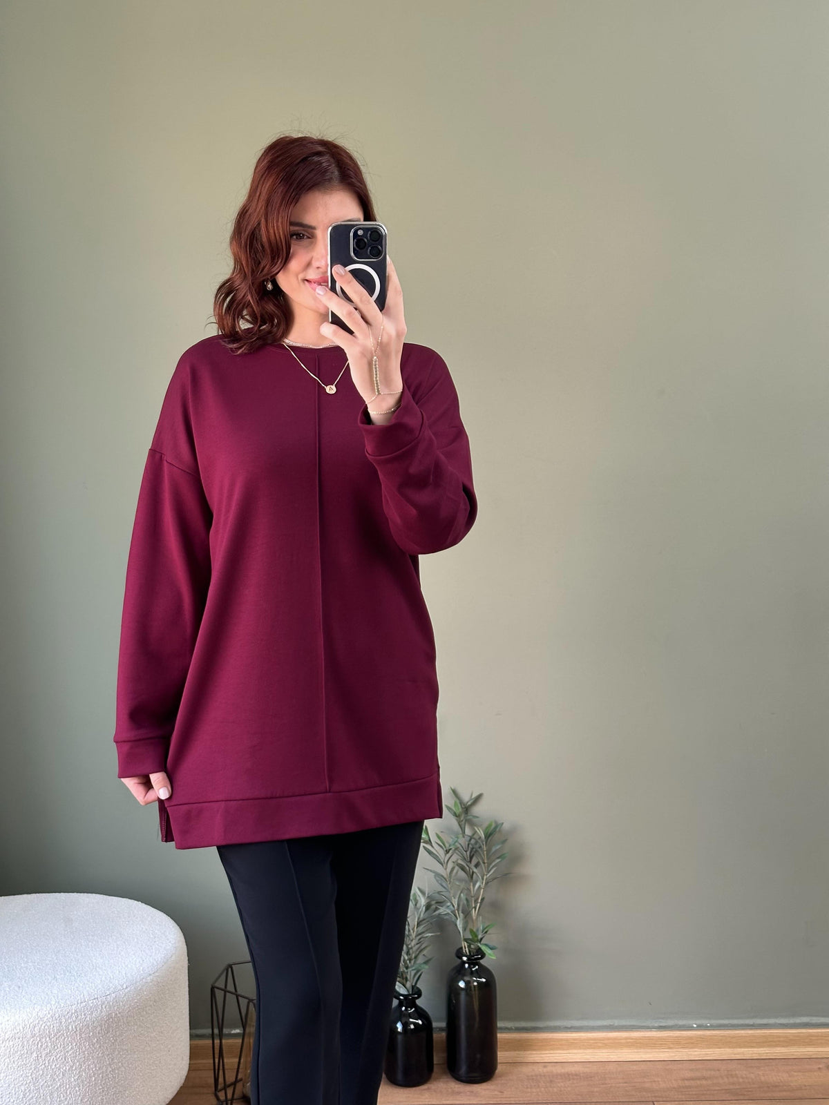 MODAL KUMAŞ ÖNDEN ÇİMALI  TUNİK BORDO