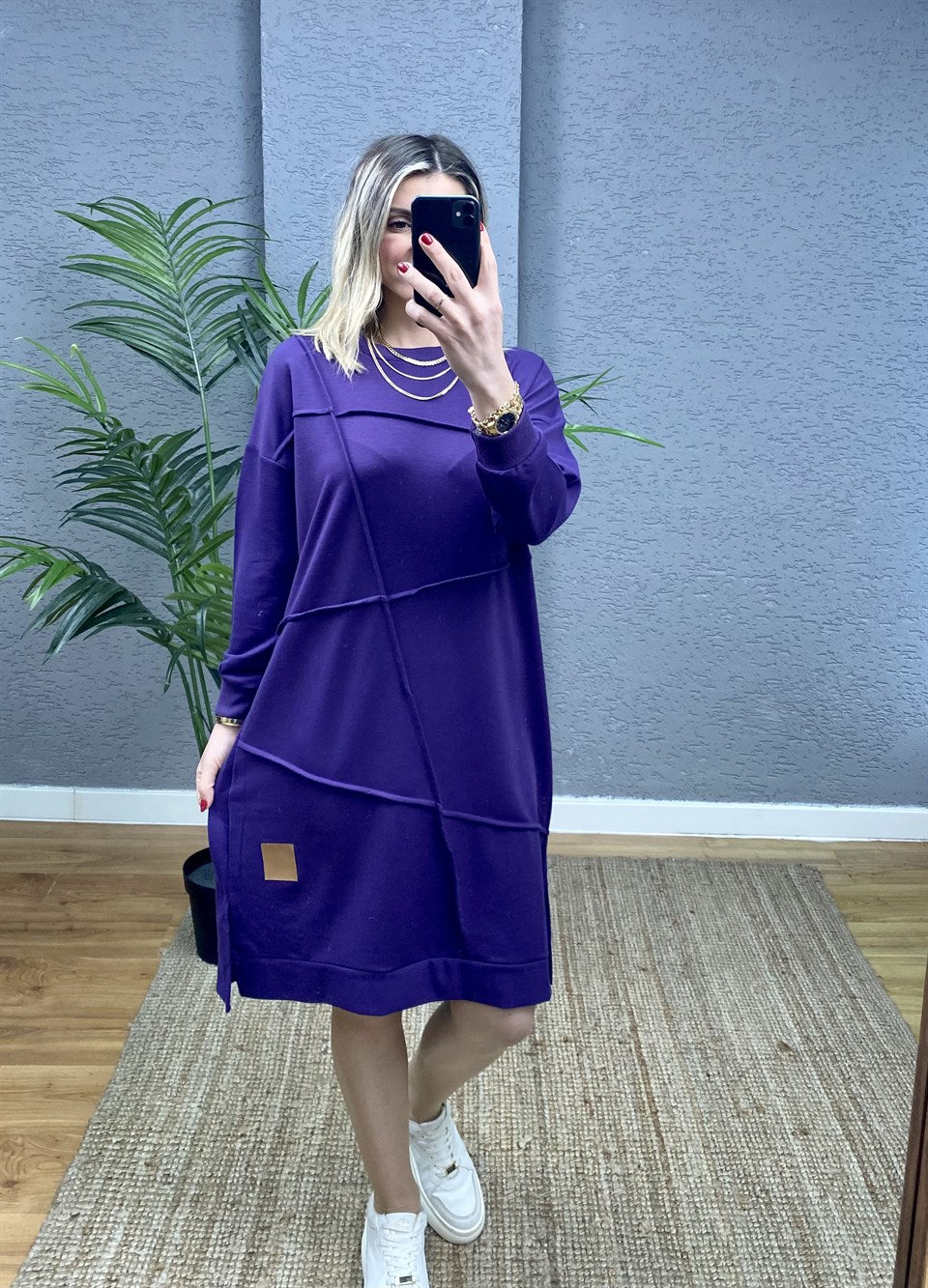 MOR OVERSİZE GEOMETRİK  DİKİŞ DETAYLI SWEAT TUNİK