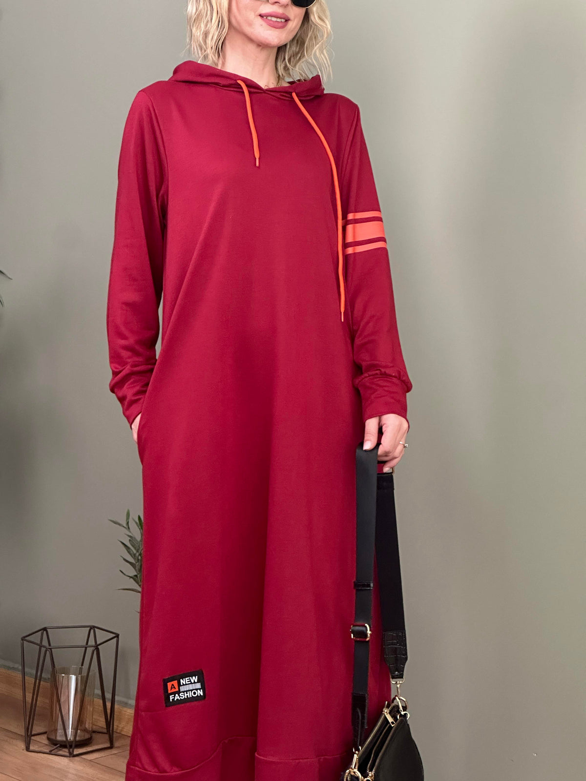 NEON ARMALI SPOR SWEAT ELBİSE BORDO