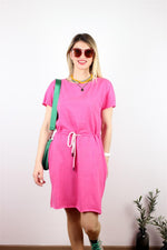 ORGANİK PAMUK BEL BAĞLAMALI ELBİSE  PEMBE