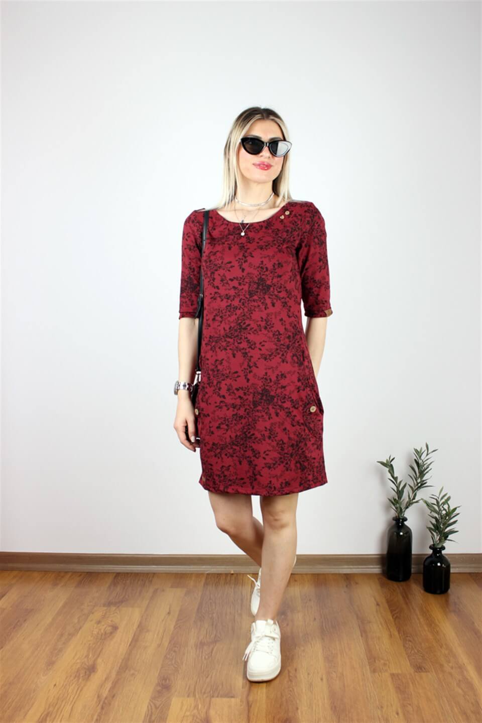 ORGANİK PAMUKLU KUMAŞ DESENLİ ELBİSE BORDO