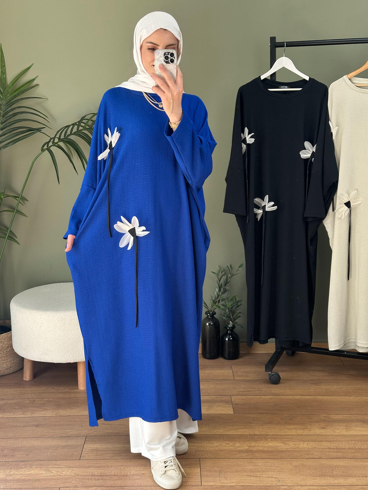 Oslo çiçekli oversize tunik saks mavi