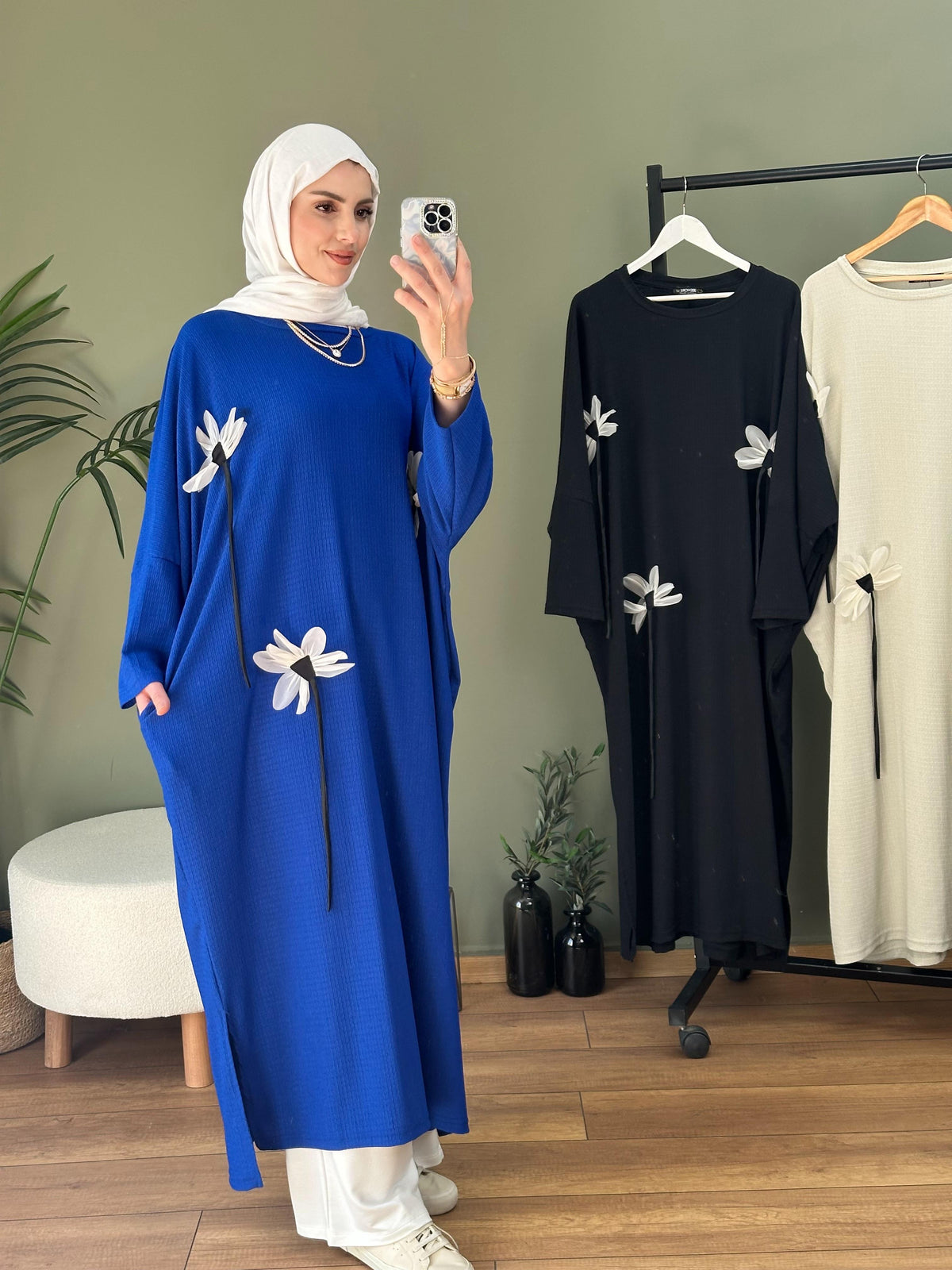 Oslo çiçekli oversize tunik saks mavi