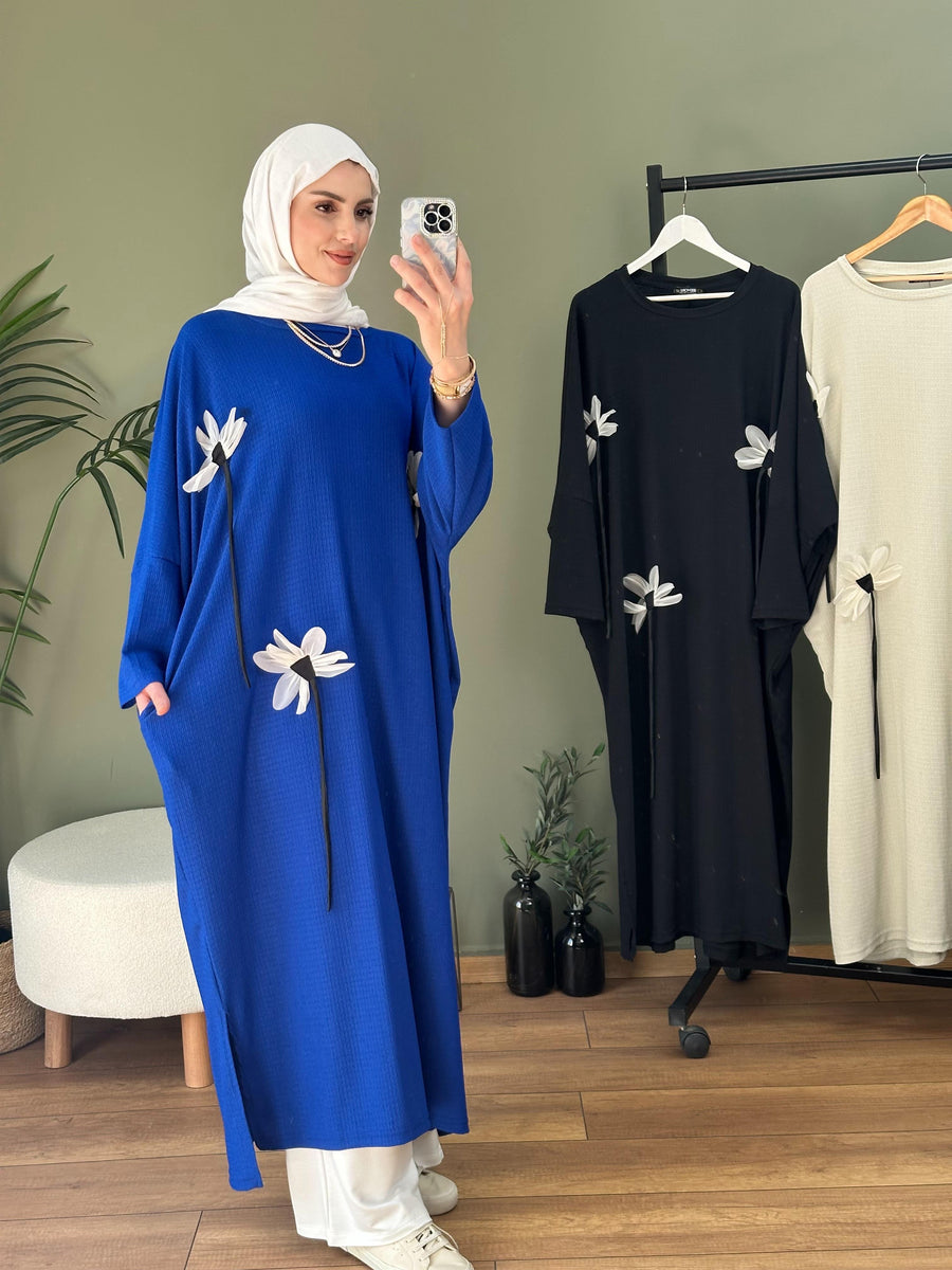 Oslo çiçekli oversize tunik saks mavi