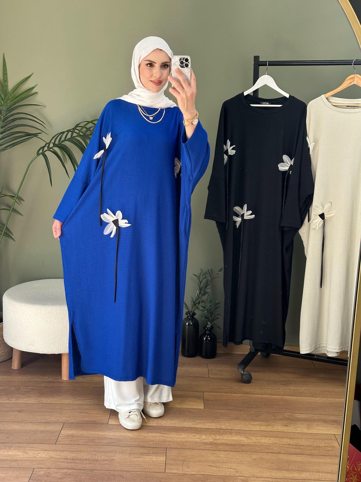 Oslo çiçekli oversize tunik saks mavi