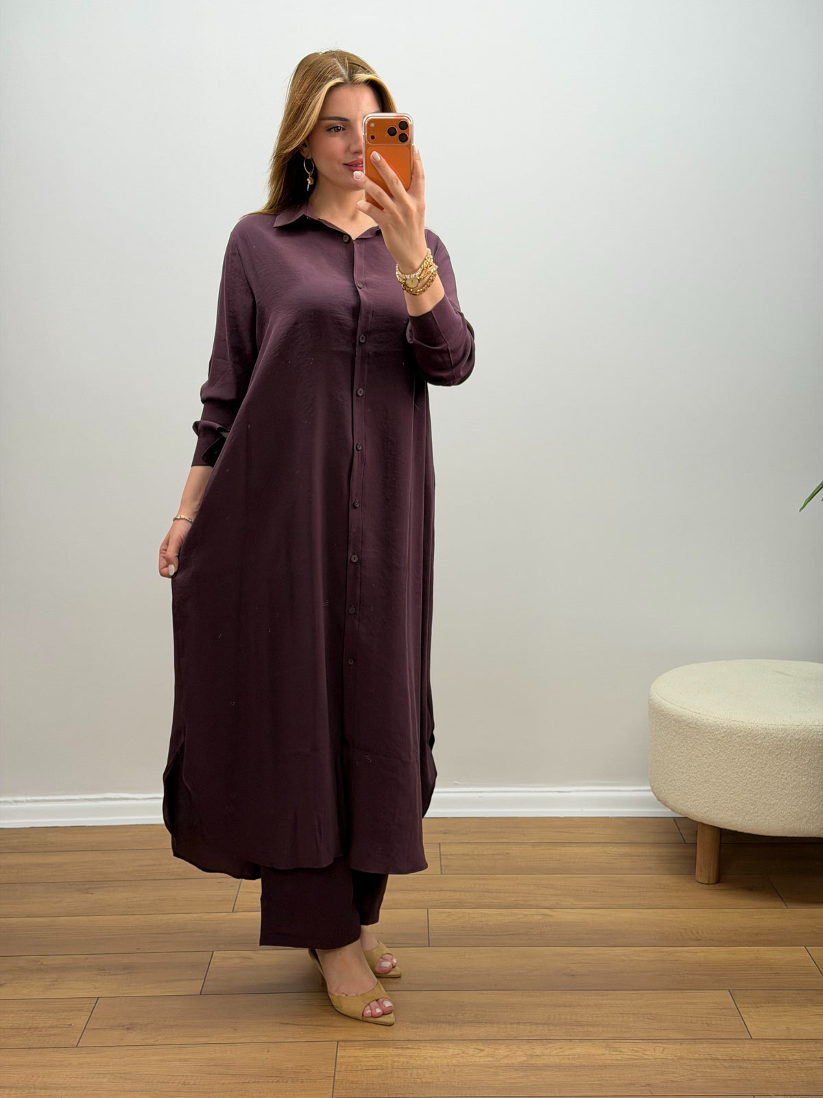 Oversize Düğmeli Uzun Tunik Pantolon Takım Mürdüm