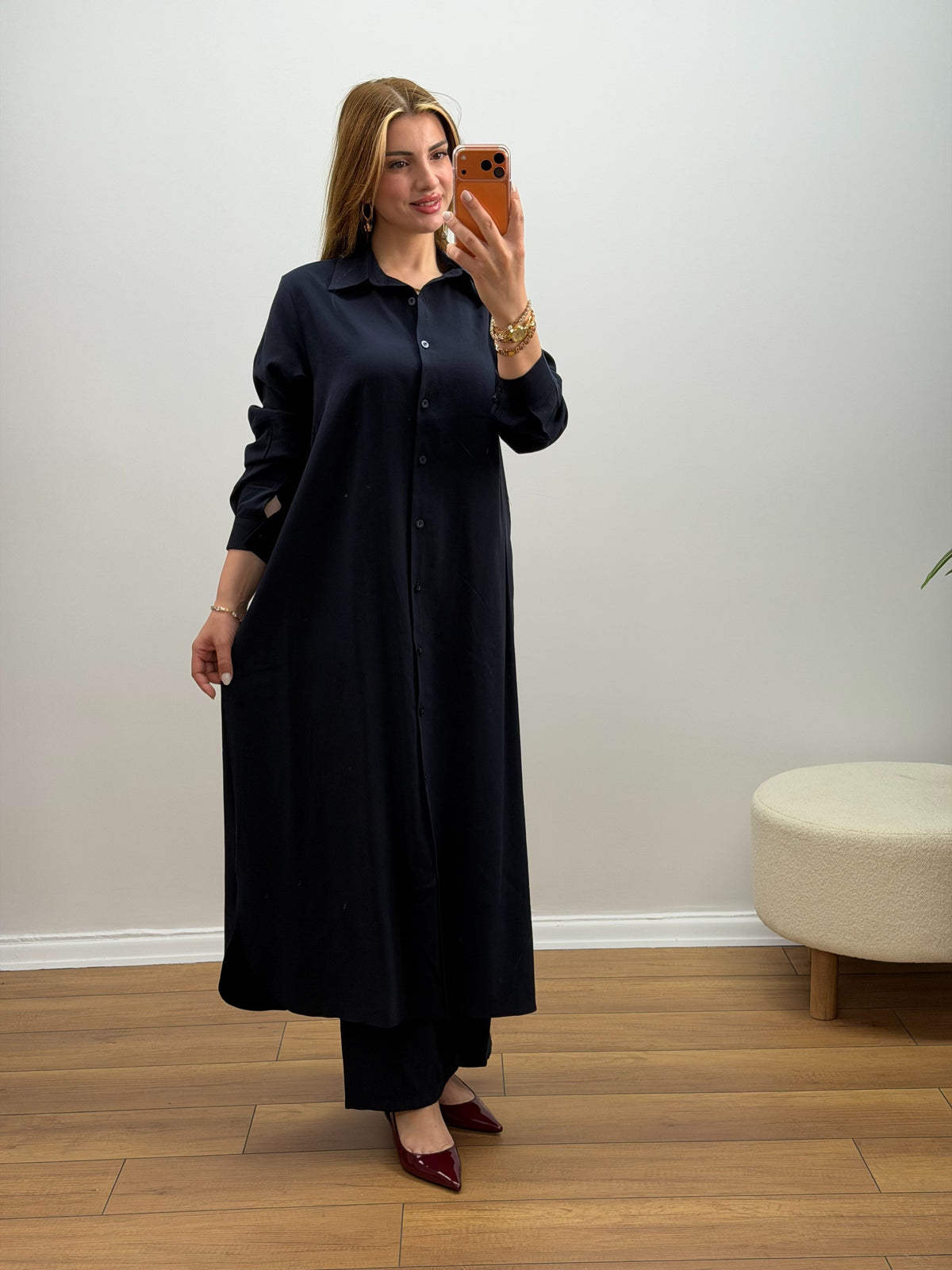 Oversize Düğmeli Uzun Tunik Pantolon Takım Lacivert
