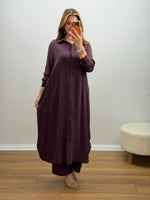 Oversize Düğmeli Uzun Tunik Pantolon Takım Mürdüm