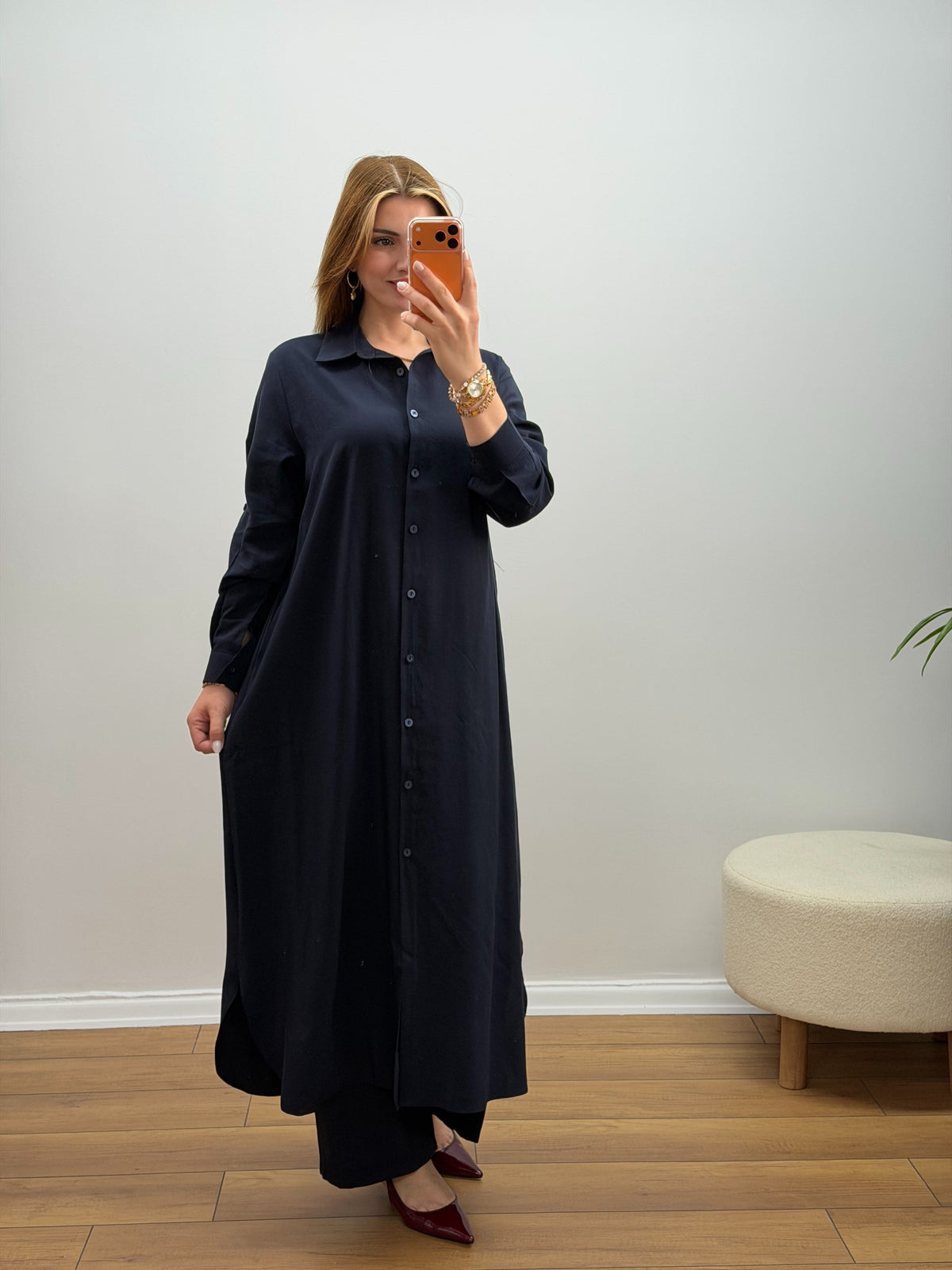 Oversize Düğmeli Uzun Tunik Pantolon Takım Lacivert