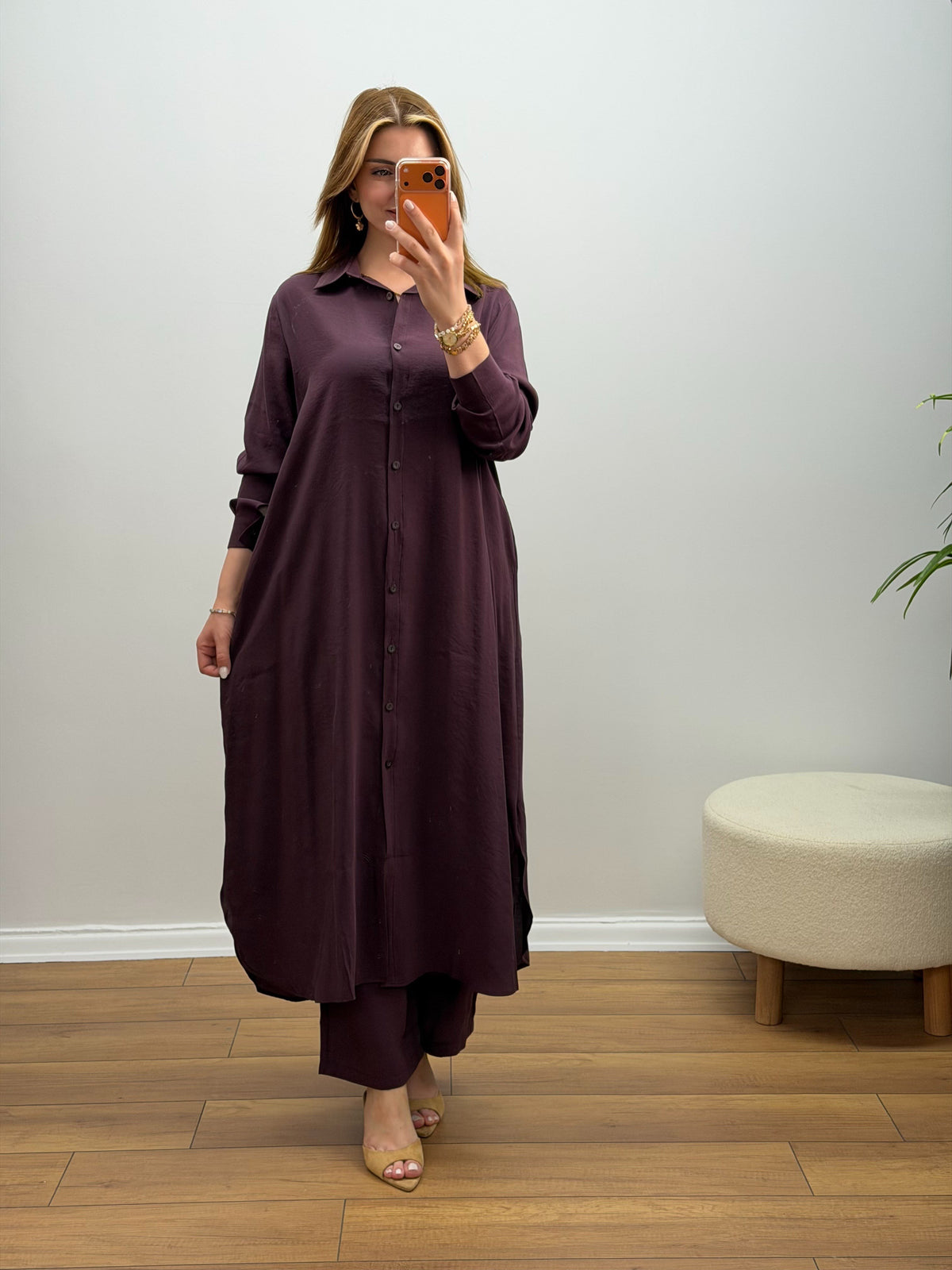 Oversize Düğmeli Uzun Tunik Pantolon Takım Mürdüm
