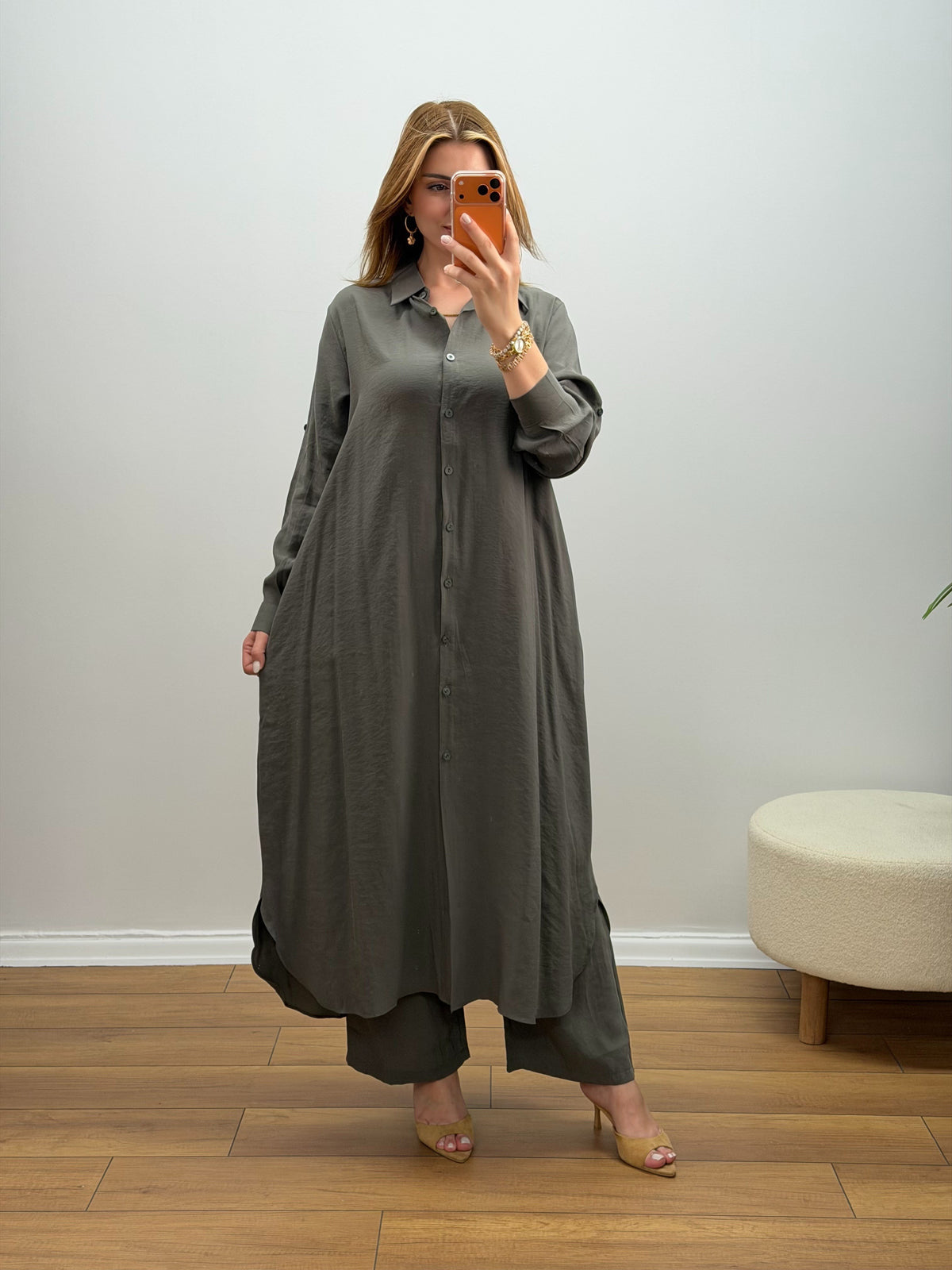 Oversize Düğmeli Uzun Tunik Pantolon Takım Haki