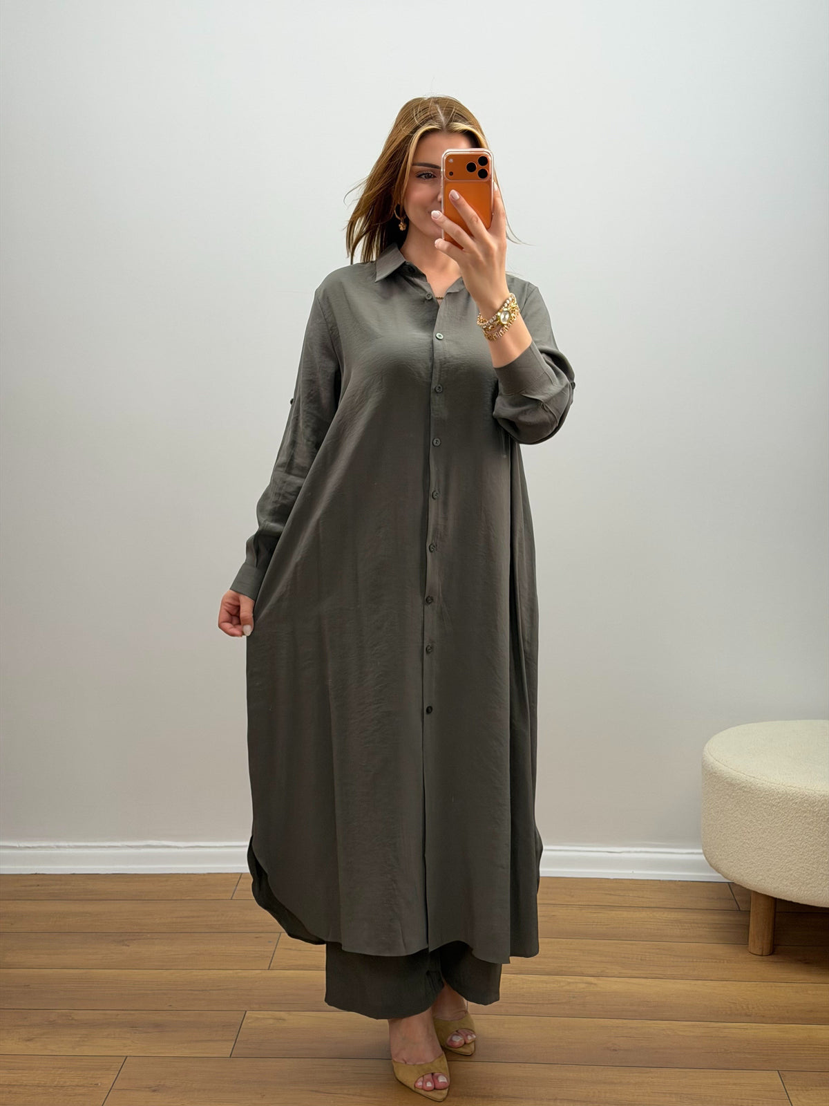 Oversize Düğmeli Uzun Tunik Pantolon Takım Haki