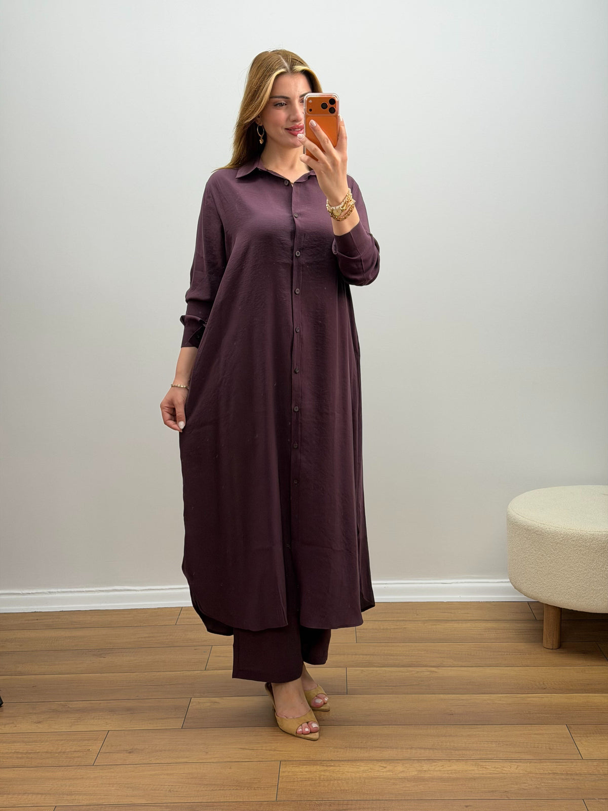 Oversize Düğmeli Uzun Tunik Pantolon Takım Mürdüm