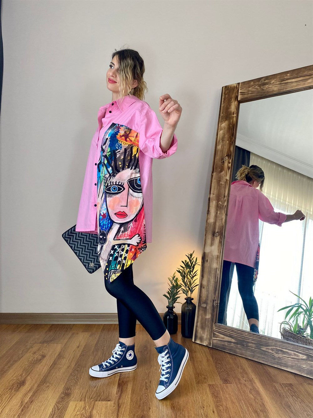 OVERSIZE POPLİN KUMAŞ DESENLİ GÖMLEK