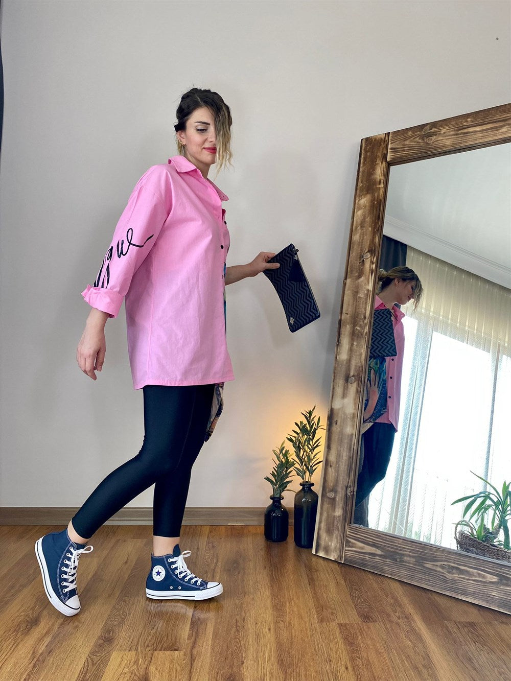 OVERSIZE POPLİN KUMAŞ DESENLİ GÖMLEK