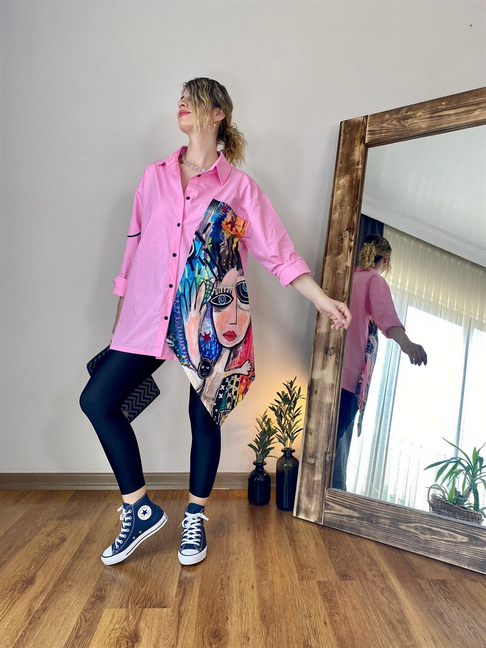 OVERSIZE POPLİN KUMAŞ DESENLİ GÖMLEK