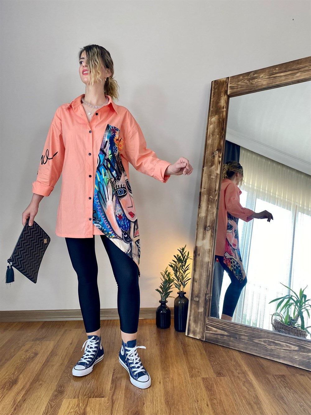 OVERSIZE POPLİN KUMAŞ DESENLİ GÖMLEK TURUNCU